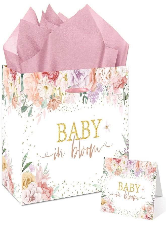 GOLDCROW Baby Gift Bag Large Floral Baby in Bloom Gift Bag with Tissue Paper and Card with Envelope for Baby Girl Gifts, Birthday Kids – Pink Baby Shower Wrapping Paper for Baby Shower Party Decorations - Image 1